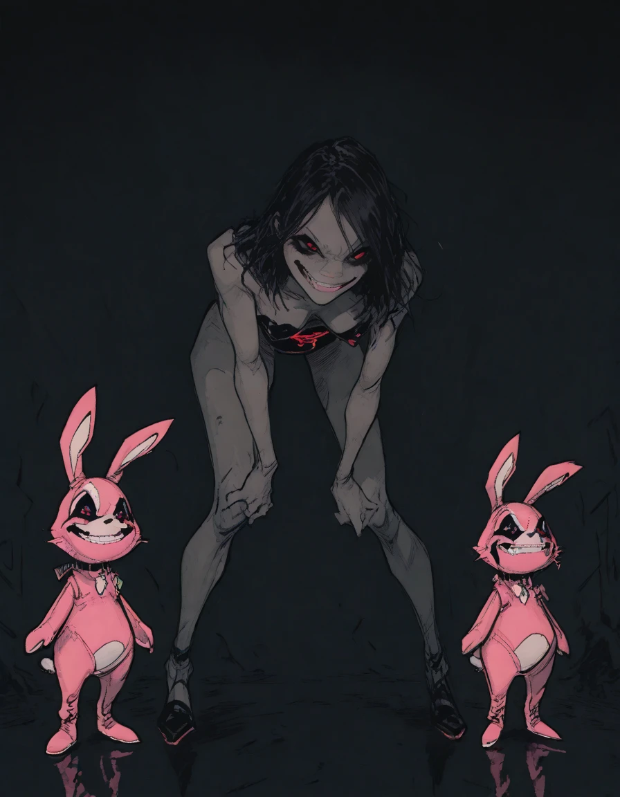 By chelodoy,2 girls, Judy Hopps, goth outfit , stockings, sitting on the skeleton, red eyes, glowing eyes, smirk, holding skull, on the graveyard, fog, night, (detailed face, detailed eyes) 