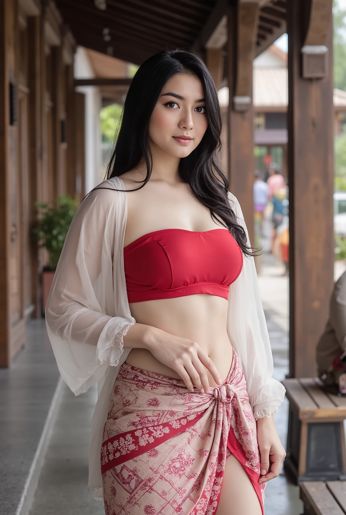 ((Best Quality, 8k, Masterpiece: 1.3)), Focus: 1.2, Perfect Body Beauty: 1.4, Buttocks: 1.2, ((Layered Haircut)), (Wet Clothes: 1.1), (Rain, Street:1.3), (Breasts: 1.2), (Hanfu: 1.2), (whole body),Bare Shoulders, red high heels,Highly Detailed Face and Skin Texture, Fine Eyes, Double Eyelids, Whitened Skin, Long Hair, (Shut Up: 1.5), (Bokeh Background: 1.5), huge Breasts,The photo depicts a young woman standing in front of traditional architectural structures. She is dressed in a stylish combination of modern and indonesian traditional attire. The woman is wearing a red strapless top that accentuates her shoulders and upper body, paired with a patterned ultra mini sarong-like skirt, which features intricate designs in shades of yellow, white, and black. She also has a light, sheer shawl draped over her arms, adding an elegant touch to her outfit. Her hair is styled in a neat updo, and she has a serene, confident expression on her face. The background is slightly blurred, with a few indistinct figures and traditional wooden buildings, suggesting the photo was taken in a culturally significant location,show the Bearsts,nude top