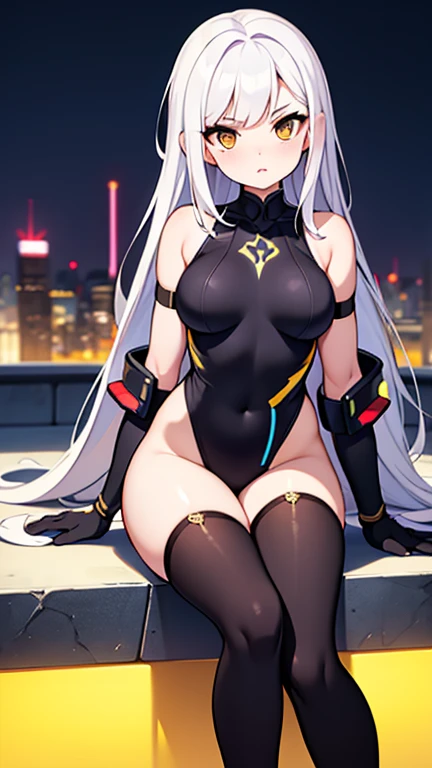 1girl, dark skin, dark-skinned female, breasts, large breasts, wide hips, white hair, silver hair, grey hair, long hair, yellow eyes, serious, leotard, black leotard, futuristic, tech, science-fiction, machinery, neon, neon trim, neon lights, full body, ((full body)), bare legs, city, moon, nightsky, night sky, night, rabbit ears, mature female