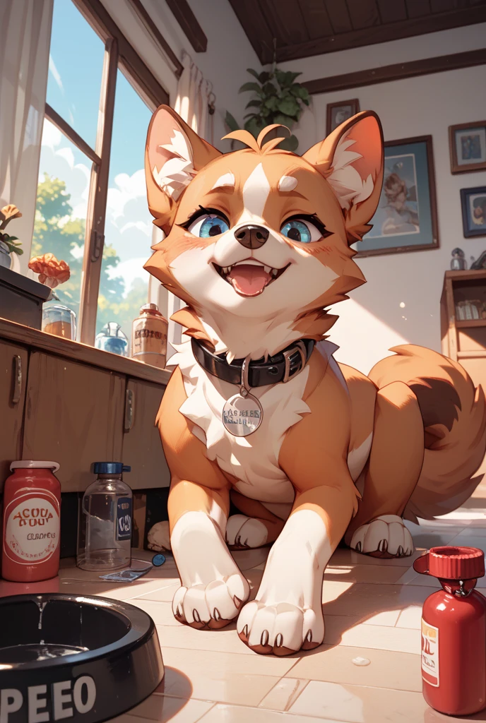 [by Hioshiru],furry,dog,on_knees,sub,submission,collar_and_leash,fluffy tail,masterpeice,full quality,shortstack,kneeling,food bowl,dog bowl with steak,begging