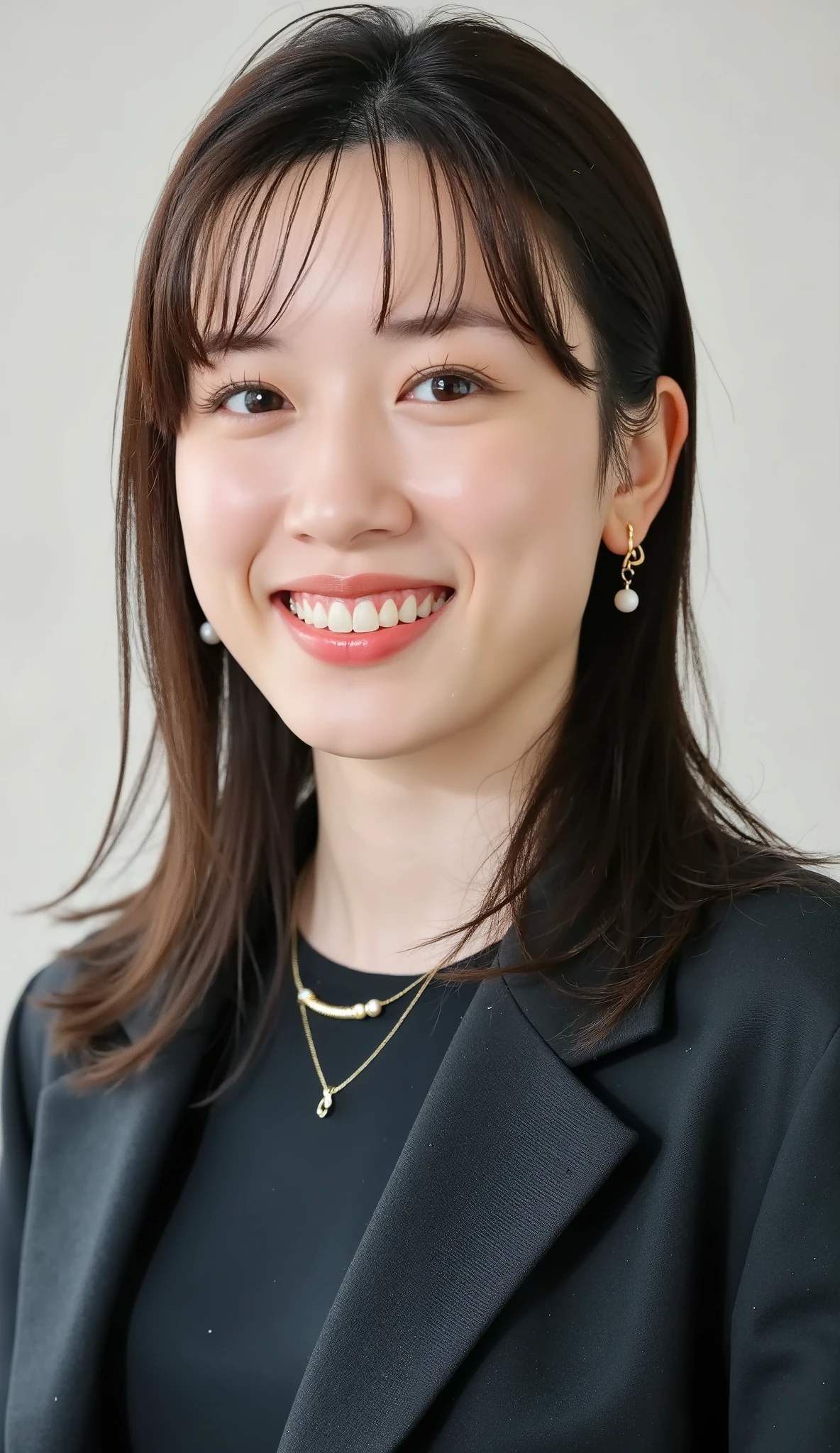 Neat Young Woman、and look at the camera、office lady suit、jacket、shirt、necklace、ear piercing、薄い茶髪、、、smile showing teeth、、background is office
