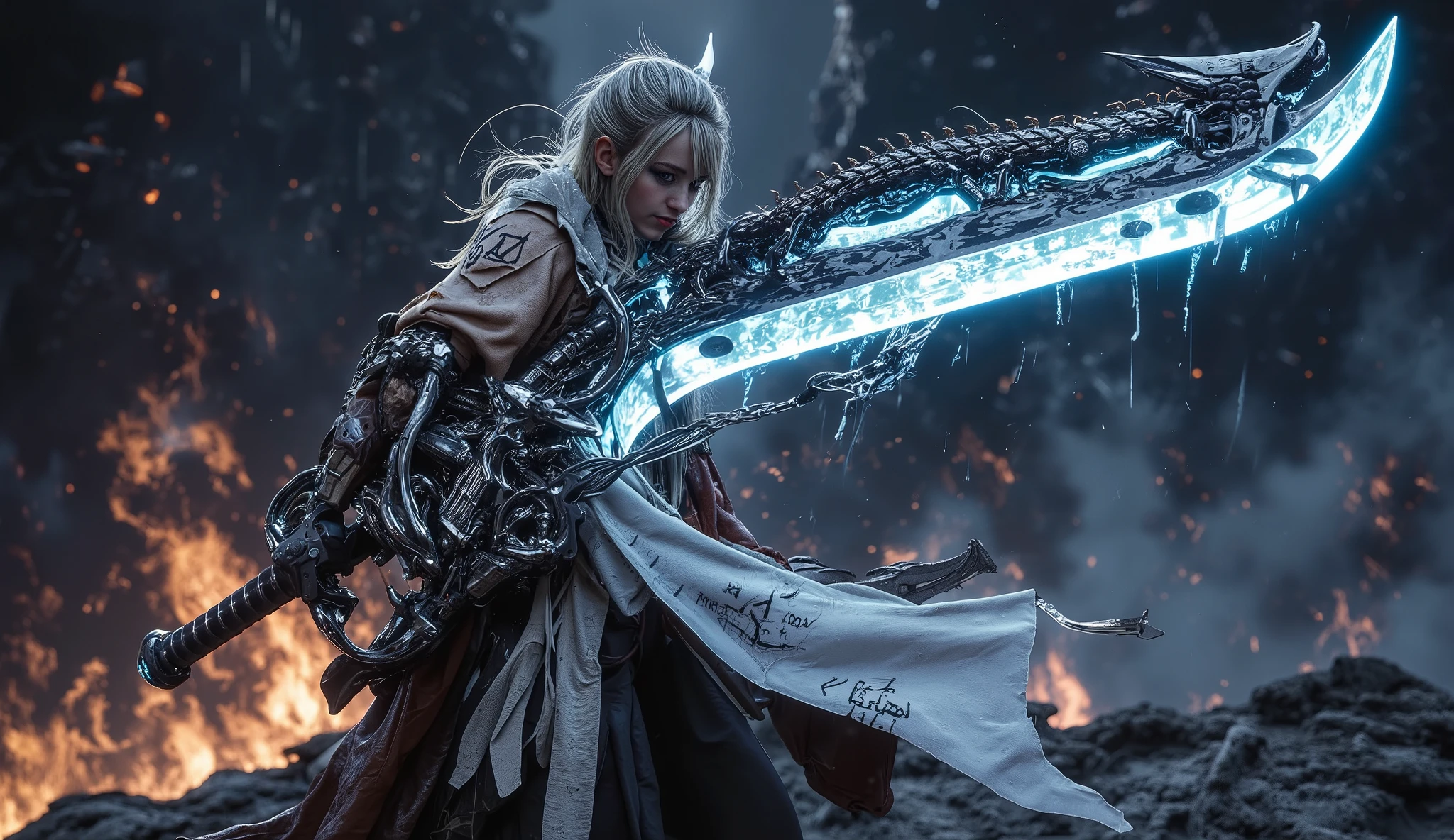 A Loli smith turns into a warrior, Her frost-soaked face was filled with traces of time and battle. Her habit is torn, and re-stitched with mismatched leather and chain-link patches, revealed a slight scar on her clavicle and a vivid tattoo. Her shoulder was draped with a huge sword of heavy azure hands, A rune engraved with a dragon on her sword, with a waist-high dragon, emits an extremely colorful glow in the night. She stands on a broken top, overlooking a burning battlefield, Her posture is firm