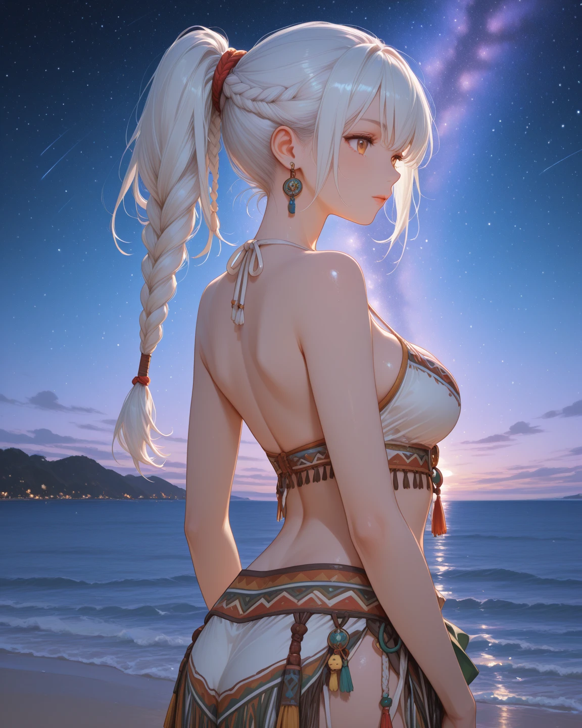longeyelashes, small Eyes,Ponytail, pink Silver hair, gray colored contact lenses, Surrealism, anaglyph, stereograms, ass pov, Atmospheric perspective, 32k, Super Detail, ccurate, Best Quality,The shoulders have exposed skin,Very thin,Very small bust, Very thin waist,Other Dimensional Planet,A strong-willed beautiful girl,Semi-nude,The most beautiful face,A beautiful girl,Realistic facial features,I don't have makeup on my face,No lip,High density and high resolution image quality,Photo Quality,Beautiful girl professor of astrophysics,A beautiful and intelligent professor,Space Exploration,