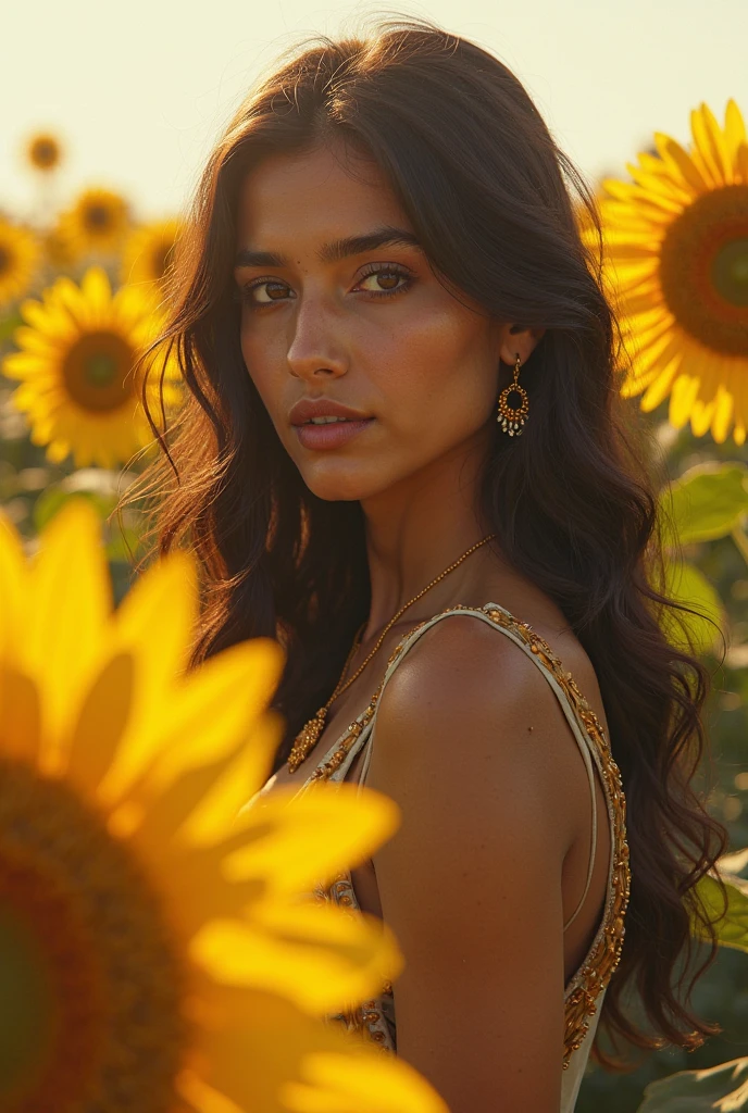 An insanely beautiful woman in a gold dress smelling a bouquet of flowers, light brwon windy hair, soft golden hour lighting, in the golden hour, golden hour sunlight, bathed in golden light, golden hour light, soft golden light, golden morning light, at the golden hour, at golden hour, golden hour lighting, gold hour light, golden hour sun, ( golden hour ), (golden hour)
