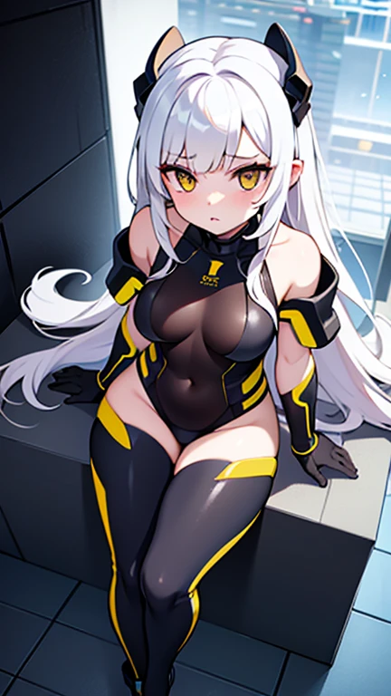 1girl, dark skin, dark-skinned female, white hair, long hair, yellow eyes, large breasts, breasts, wide hips, smug, smirk, smile, bodysuit, black bodysuit, black pantyhose, shoes, sneakers, futuristic, machinery, tech, science-fiction, neon trim, white neon trim, white trim, full body