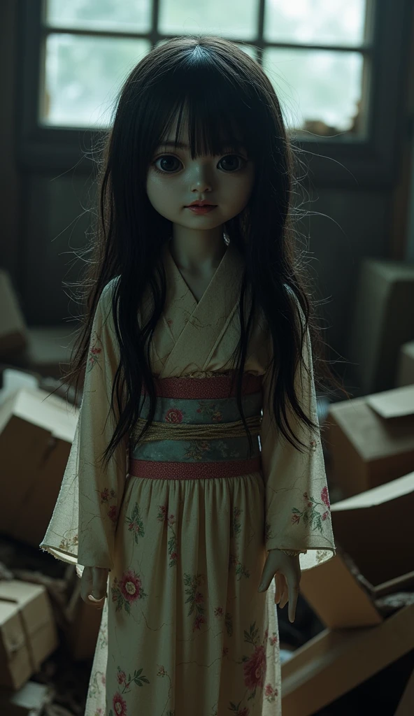 Japanese medium-long black hair stuffed animal girl、A thin white yukata、Dimly lit human taxidermy studio、Human Mummy