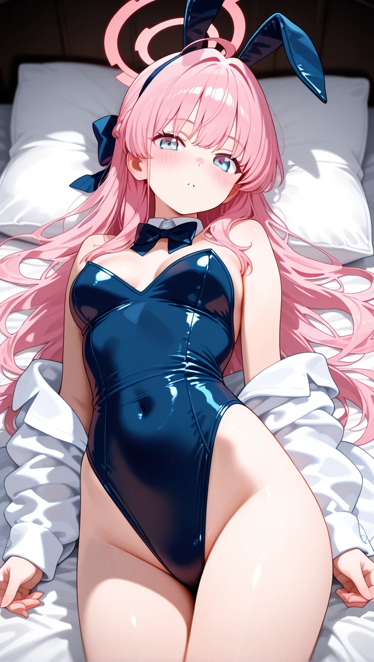 best quality, ultra-detailed masterpiece, nino nakano, one-piece swimsuit, large breasts, pantyhose, blush, smile, bed room