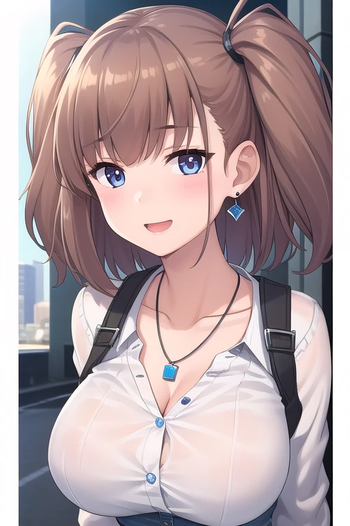 A Cute Girl, Lush Long Brown Hair, Beautiful Blue Eyes, Wide Hips, (Large Breasts), Brown Leather Jacket, White Shirt, Blue Jeans, at the city park, ((Weathered Jeans)), ((18 Years-Old)),