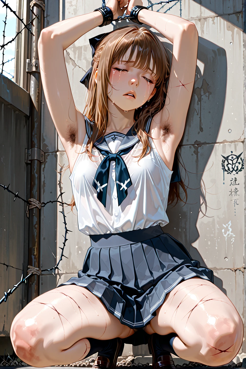 ((Highest quality, 16K, masterpiece: 1.3)), ((small胸、10 year old girl、Small Head)), Beautiful Woman with perfection Figure: 1.4, Slim Abs: 1.2, ((Beautiful glossy brown hair)), ((small: 1.4)), ((K-POPアイドル: 1.3)), ((Twin tails))、((shower, White Water)), ((field)), ((stop temporarily)), ((Fascinating)), ((ピンクのsmall美しいNipples)), (((naked足の)))、(((((frontage)))))、((Hips))、(((naked足の)))、(((Spread your legs)))、(((Split))), (((excessive cum on bady)))、超リアルな 16K cg, perfection Face, perfection, Clean Solo, (blush: 0.5),masterpiece, Professional artwork, Famous works of art, 優しくsmile, A big smile, Beautiful Eyes, ruddy skin, perfectionな指, Beautiful Hands, Depth of written boundary, Realistic: 1.3, (Cinematic composition: 1.3), (HDR: 0.1), Accent lighting, naked, smile, athletic body shape, Legs apart, Raising his leg, double eyelid, eye contact, Nipples, whole body, From head to toe、naked足、(((Anal)))、((((Both arms are chained tightly above the head and tied to the wall、Stretch your legs out and spread them wide、Confined to a dirty public toilet covered in graffiti))))。