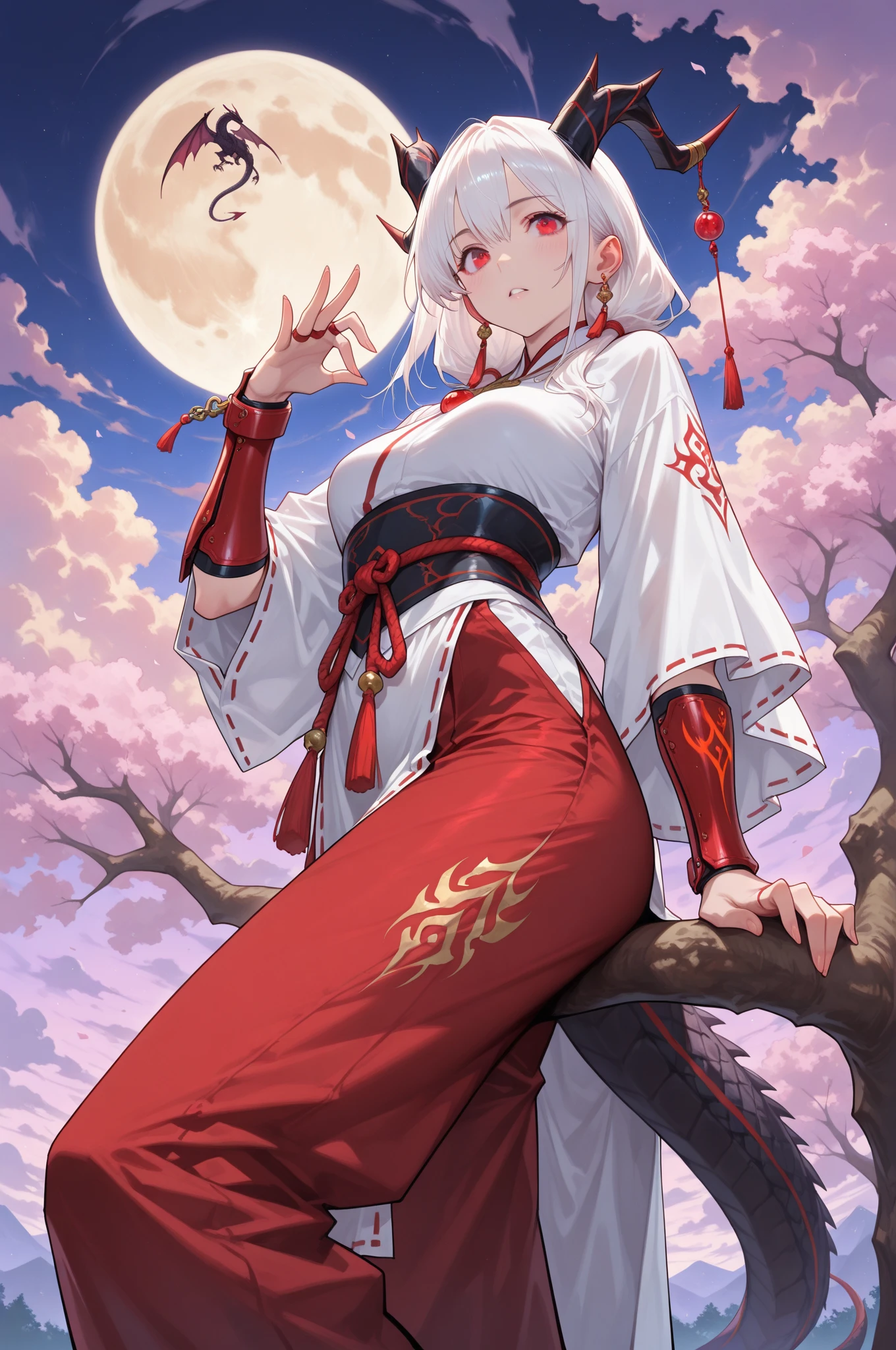 (masterpiece:1,2),best quality,masterpiece,highres,original,extremely detailed wallpaper,perfect lighting,(extremely detailed CG:1.2),drawing,paintbrush,
1girl,animal ears,tail,solo,japanese clothes,fox ears,white hair,fox tail,yellow eyes,looking at viewer,
miko, ribbon-trimmed sleeves, side slit, hakama skirt,
outdoors,cherry blossoms,(night sky:1.1),full moon,petals,star (sky),(cloud:1.1),
<lora:hzg:0.9>,
