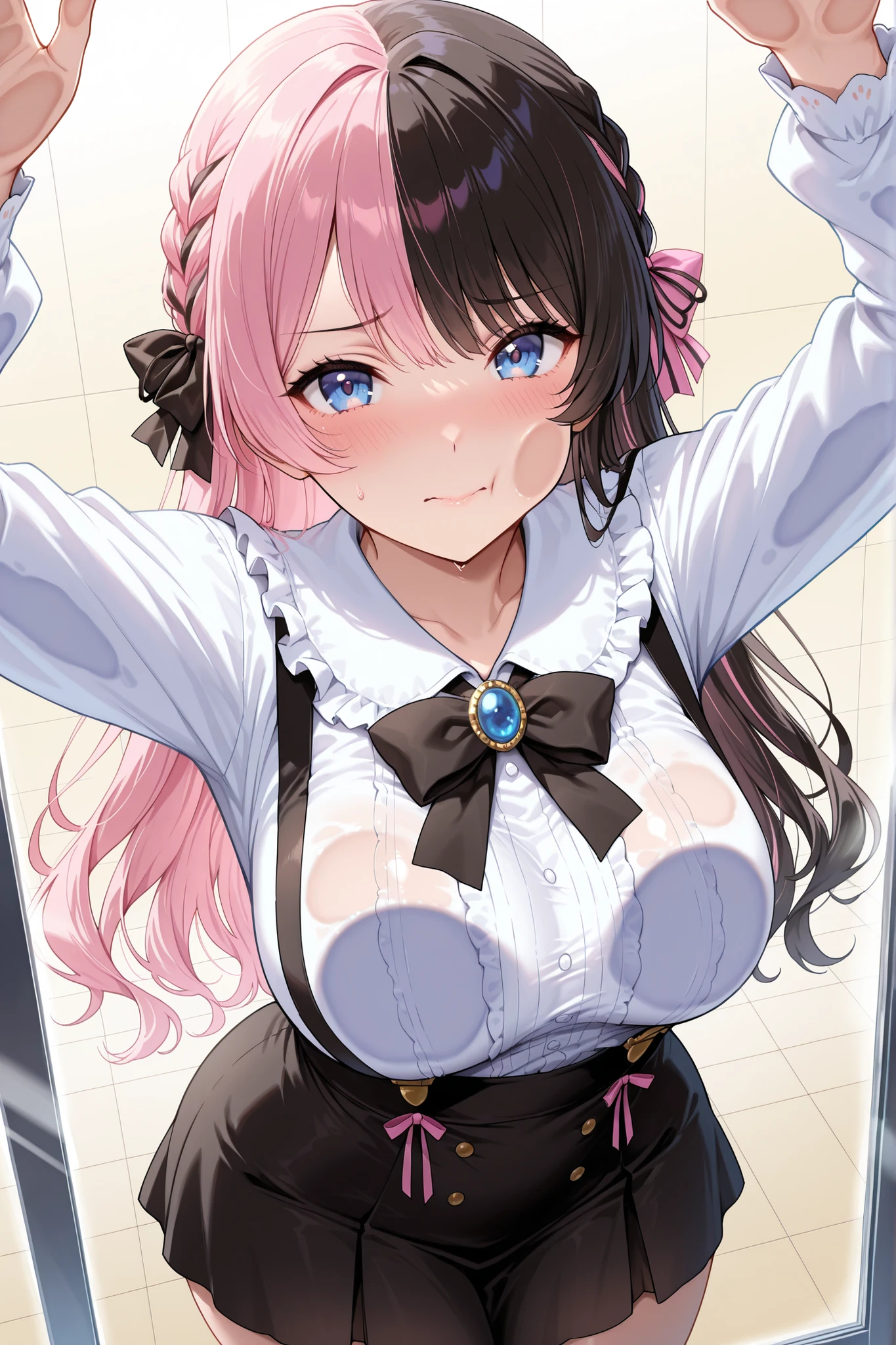 solo,masterpiece,best quality, amazing quality, highres, absurdres, very aesthetic, high resolution, ultra detailed, perfect details,Hinan0Def, blue eyes, (multicolored hair), pink hair, black hair, long hair, french braid, hair bow, black bowtie, brooch, frilled shirt, white shirt, long sleeves, black skirt, suspender skirt,mature female,(masterpiece, detailed:1.2),anime screencap,medium breasts,look at viewer,wide hips、against glass,breasts on glass、cheek press、embarrassed、against fourth wall、cheek on glass、Face Against Glass、arms up