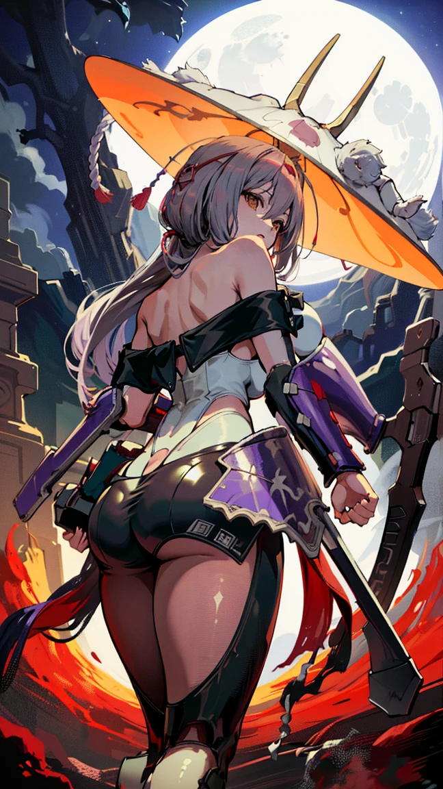 Combat action，closeup cleavage, The world of dreams, Dark Elf Maiden, curly ponytail, with brown skin , Long elven ears, The demons, humanoid creature, Light cloth armor, Her skin is brown, brown skin tone, 黑The eye, , Messy White Hair,low heel boots , armour, worn leather boots, tattoo is,bag on back