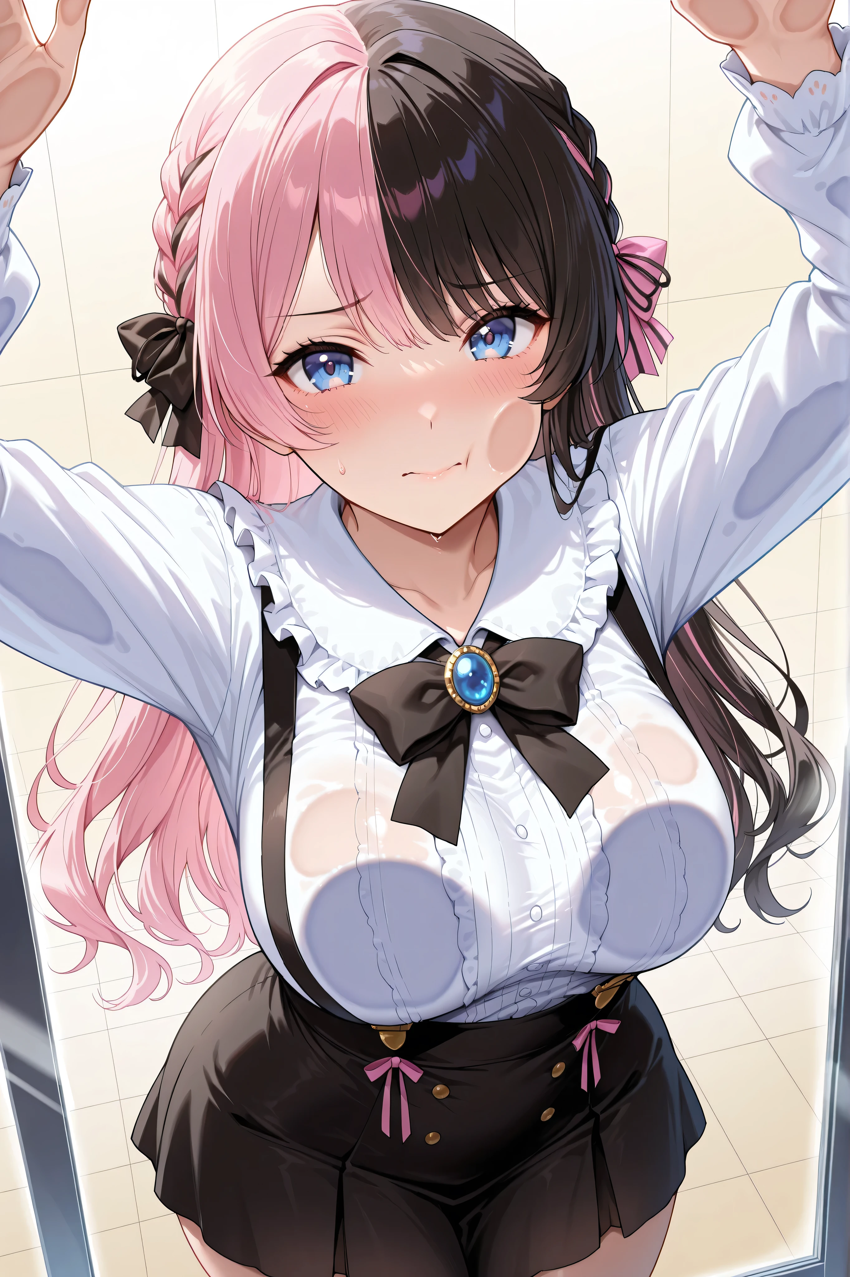 solo,masterpiece,best quality, amazing quality, highres, absurdres, very aesthetic, high resolution, ultra detailed, perfect details,Hinan0Def, blue eyes, (multicolored hair), pink hair, black hair, long hair, french braid, hair bow, black bowtie, brooch, frilled shirt, white shirt, long sleeves, black skirt, suspender skirt,mature female,(masterpiece, detailed:1.2),anime screencap,medium breasts,look at viewer,wide hips、against glass,breasts on glass、cheek press、embarrassed、against fourth wall、cheek on glass、Face Against Glass、arms up
