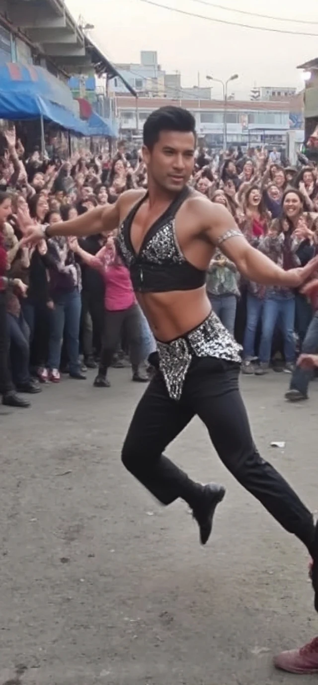 A man very similar to Ricky Martin is photographed from the front doing the splits while completely naked, a testicle escapes from the side of his underwear。short hair。Buenos Aires。Many spectators, all men, without clothes.。