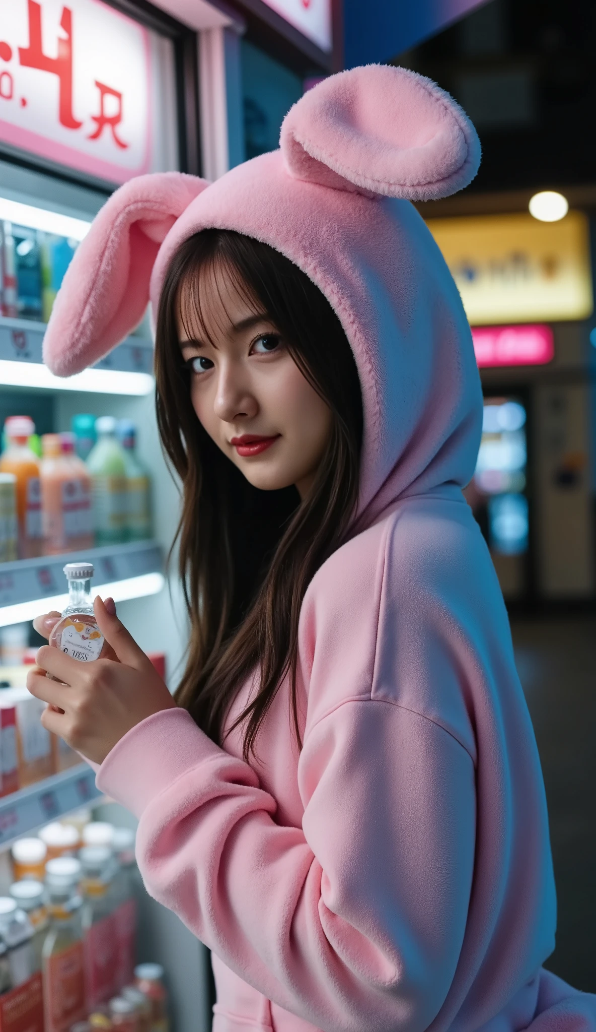 a female clerk wearing a sexy rabbit costume is checking out at a convenience store late at night, detailed facial features, playful expression, holding items, 8k, high resolution, photorealistic, masterpiece, fantasy, surreal, neon lighting, moody atmosphere, dramatic shadows, vivid colors, saturated palette, cinematic composition