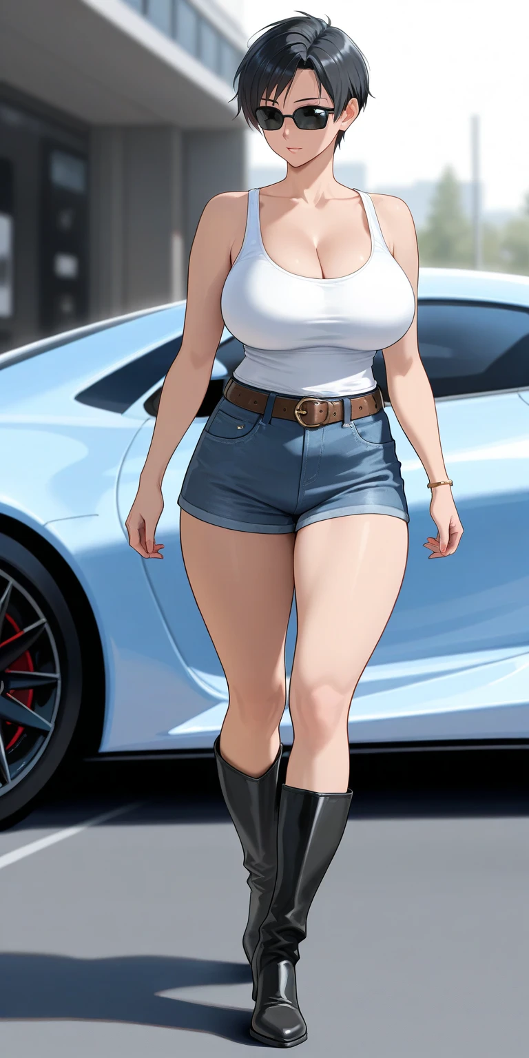 (best quality:1.3), (4K quality), (Detailed face:1.2), (Detailed eyes:1.2), (detailed woman), 1girl, solo, Taiwanese woman, long black hair, With bangs,1 female in, 28 yo, Beautiful face, glossy lips, red lipstick, closed mouth, smirk, big breasts, deep cleavage, pale skin, ((Wearing:Black tight tank top, Tight Denim short-shorts, black high-heel shoes)), standing. (Background: Indoors, car repair shop). The woman is an automobile repair mechanic and a race queen