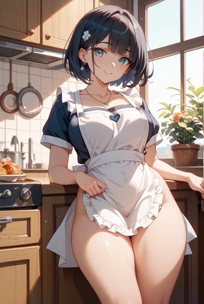 best qualityer, work of art, ultra high resolution, A woman is in the kitchen sitting on the counter, the woman looks like a milf and has large, full breasts, she is sexy and wears an apron, the setting is a well-lit kitchen, in the home kitchen, (Perfect Woman), perfect antomy, detailed face