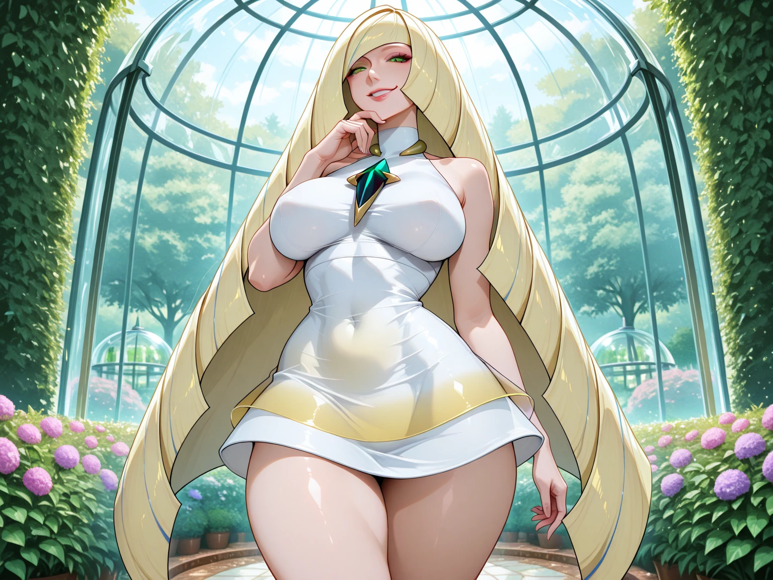 mythra \(xenoblade\), blond hair, yellow eyes, lipstick, blue eye shadow, 1girl, solo, perfect breasts, earrings glossy lips ,looking at viewer, blush, large breasts, nature, pond, trees, park, long white elbow satin gloves, holding, animal ears, cleavage, bare shoulders, jewelry, very l, gentle smile, pantyhose, earrings, fake rabbit ears, leotard, fake animal ears bunny, long white elbow gloves, white gloves, cowboy shot