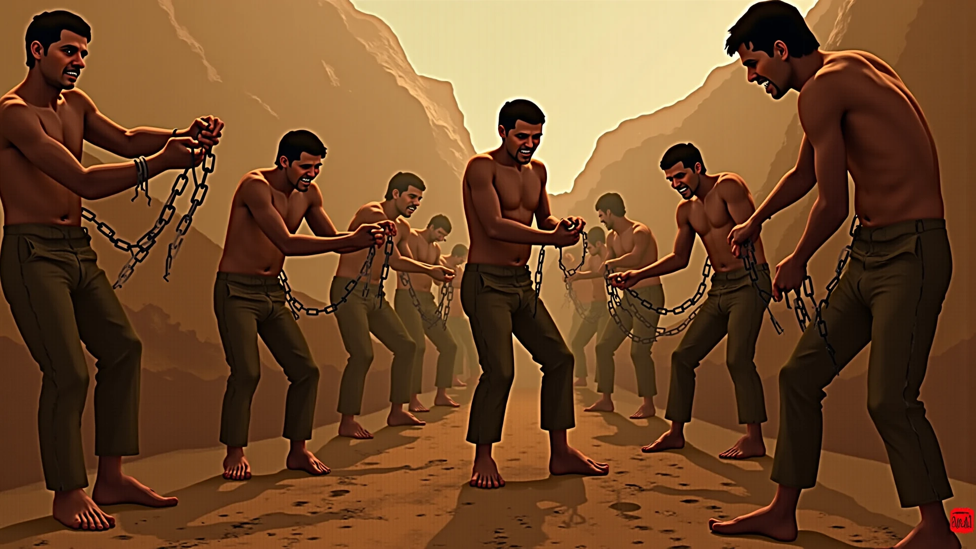5 Soldiers hands and legs tied with rope to a tree and in jungle they have been brutally beaten and has wounds more show wounds and blood on ground