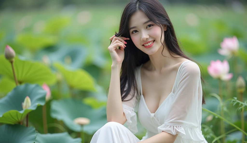 big breasts, round breasts, wearing bra inside ao dai, slim figure, beautiful figure, big breasts, ponytail, sharp 8k quality photo, ((beautiful, sharp, balanced face details) for )), ((beautiful breasts, exposed cleavage, plump body), ((beautiful sparkling eyes, sharp eye details, beautiful face)), sitting in the middle of a ripe rice field, ((super beautiful body with high details , tight body, wide chest, slim waist)), ((thin cleavage, round breasts))