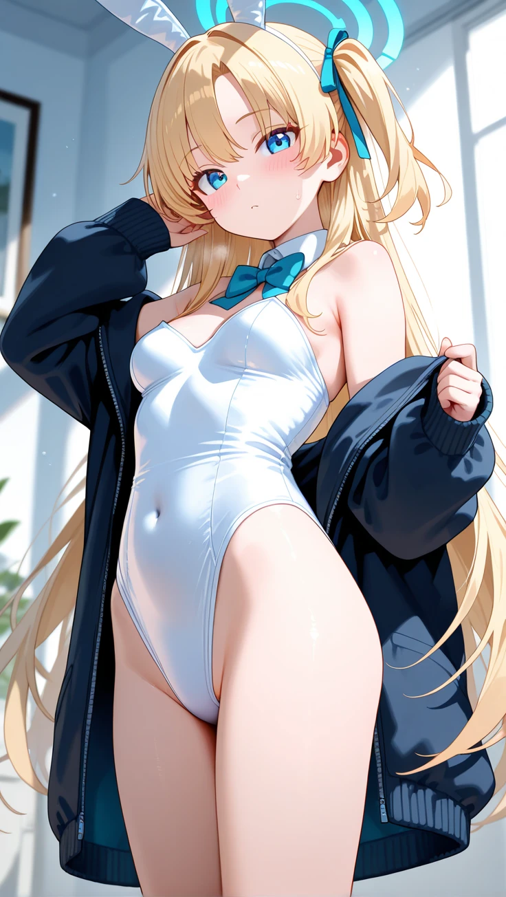 1 girl、solo、masterpiece、highest quality、silver hair、blue eyes、Eyes swirl、wavy hair、twin tails、red ribbon　hair ornaments、slanted eyes、laughter、embarrassing、blush、flat chest、pantyhose、sailor suit、leotard　High leg、leotard、sailor suit、white　pantyhose、white　tights　luster、spread legs、stare at the camera、put your arms behind your head、show off your armpits、lusterのあるleotard