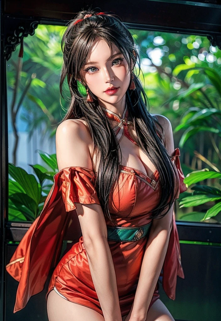 (masterpiece best quality:1.4),Yui,anime,1girl, jewelry, pointy ears, long hair, breasts, barefoot, dress, black hair, sitting, earrings, red nails,cowboy shot,red dress, armlet, nail polish, feet, looking at viewer, large breasts, bracelet, crossed legs, very long hair, cleavage, toes, toenail polish, red lips, bare shoulders, toenails, full body, elf, bare legs,outdoor