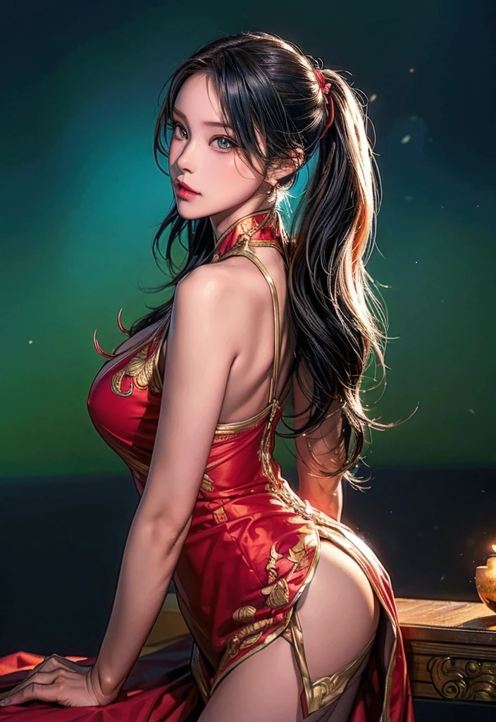 (masterpiece:1.2, highest quality), realistic, (real picture, intricate details, Depth of the bounds written,red high neck dress), parted lips, very detailed, perfect face, perfect body, large model,indoor background,transparent nipples,
mature woman, expensive, long legs, Separate top and bottom costumes,embellished costume,
natural bokeh background,Costume with large open chest,Clothes that expose the belly button,revealing costumes,The lower body is only underwear,Only the upper body is dressed,random hairstyles,back view,Pose with butt sticking out