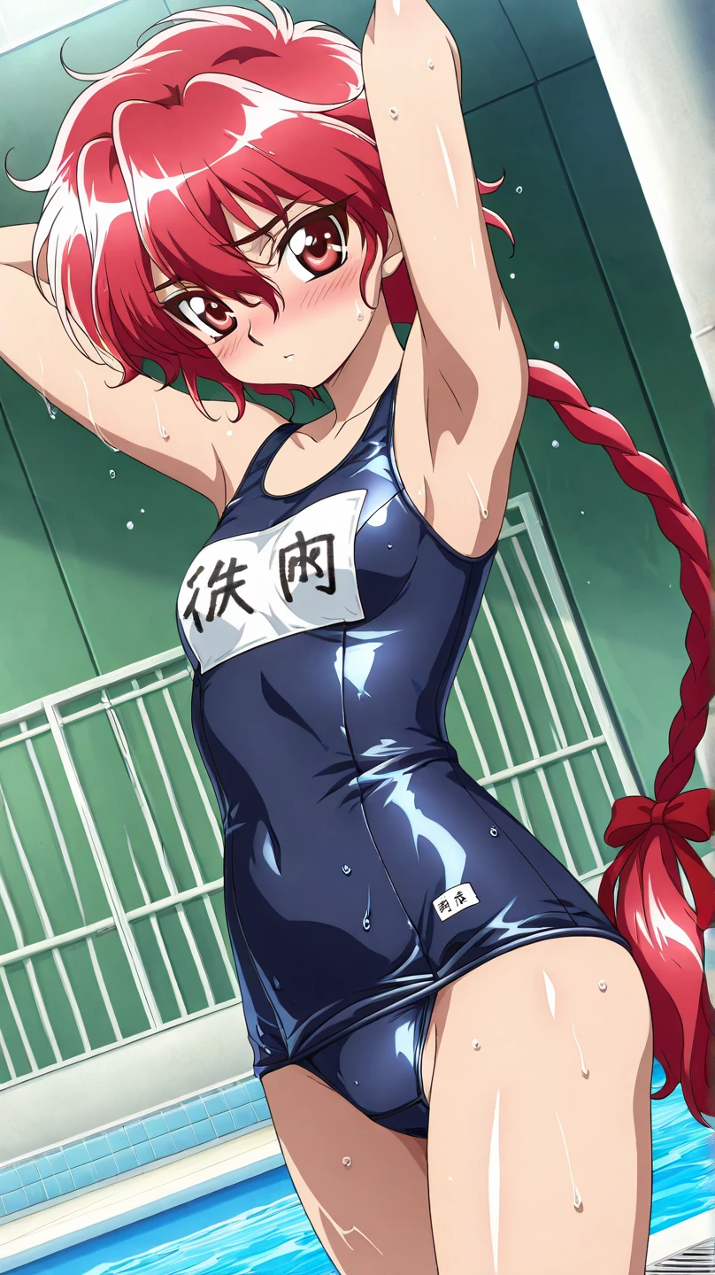 naganami \(kancolle\), multicolored hair, white hairband, ((masterpiece)),((best quality)),((high resolution)), ((ultra-detailed)),old style school swimsuit, one-piece swimsuit, Navy blue school swimsuit, 1girl, Solo, disdain,disgust,blush, squatting, arms behind head, spread legs wide,from front,concrete background,in a cage,caged,prison,basement,perfect anatomy,barefoot,