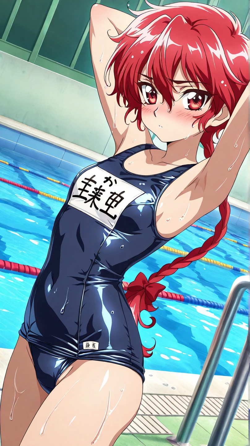 masterpiece、highest quality、High resolution、Two realistic girls、Competitive swimmer、Close-up of a person、Wearing a red bodysuit、During Competitive swimmerics competitions、smile、Swimming Venues、sexy competitive swimwear