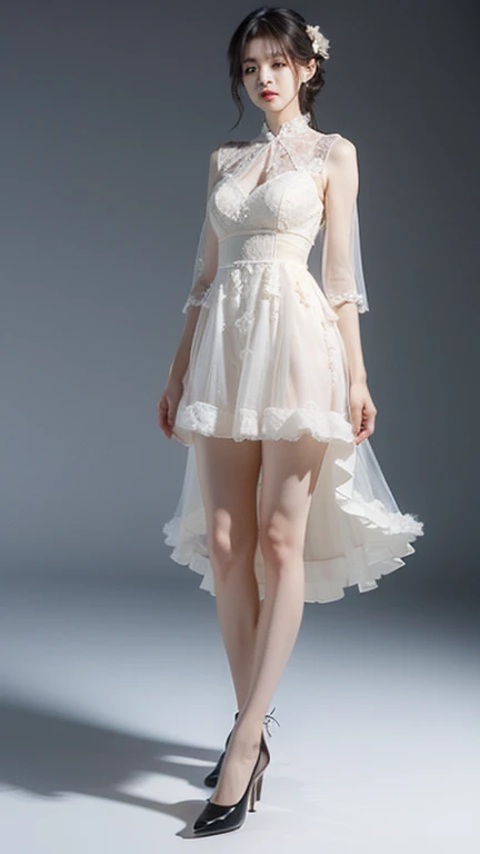 highest quality,masterpiece,Ultra-high resolution,(Actual:1.4),Original photo,Ultra-high resolution，8k，There are women，Fair skin、Sheer white lace mini dress，High heels，Long legs:1.5，Bright and beautiful，high waist，Flashy makeup using red eyeshadow，Gray background，