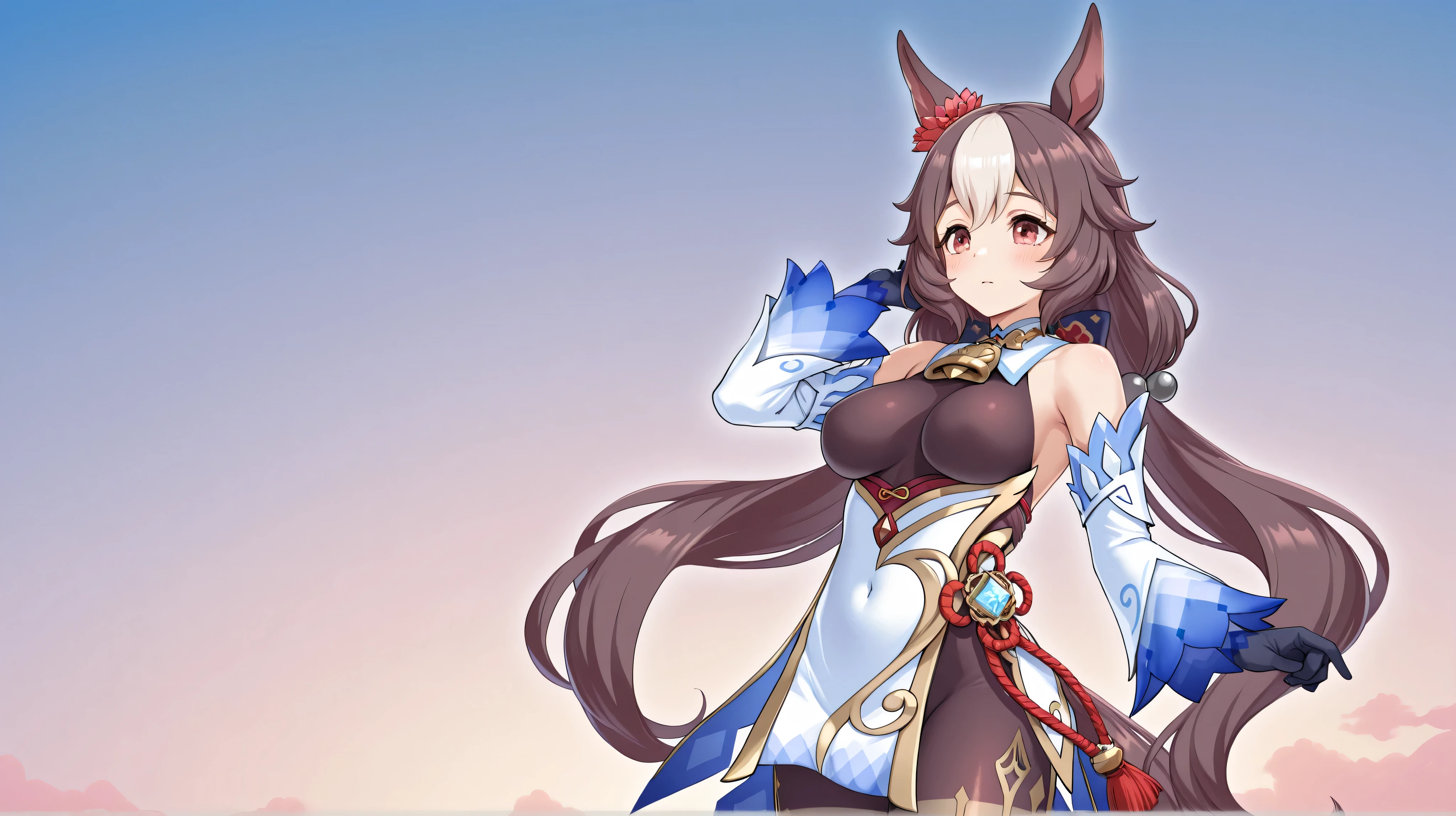 yamanin zephyr（Uma Musume）, Uma Musume, solo, [top quality], [Super beautiful CG], [Highly Detailed CG], [Super Detailed], [CG illustration], [high resolution], [extremely delicate and beautiful],  very detailed skin, Medium Breasts,  genshin ganyu cosplay, ganyu (genshin impact) (cosplay), gloves, bare shoulders, detached sleeves, black gloves, bell, bodysuit, neck bell, black bodysuit, vision (genshin impact), bodystocking, cowbell, chinese knot, covered navel, pelvic curtain, long flowing horse tail, 
