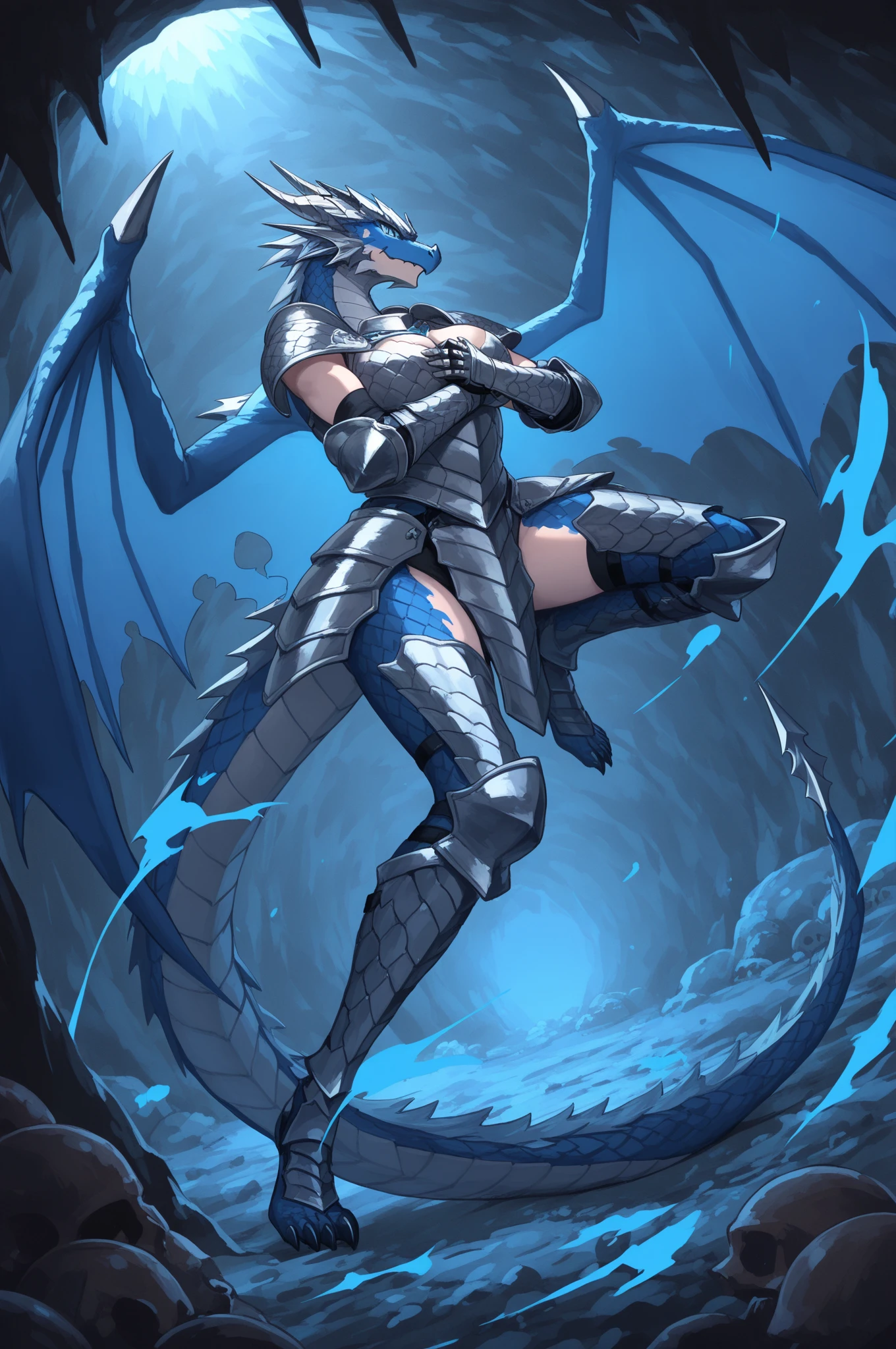 1 dragonborn, draconic head, scale body, female, arms crossed pose, serious expression, blue body, blue scales, white colored horns, dark blue eyes with reptilian pupils, scowling face, wearing armor, silver plated armor, high quality, best quality, hands high quality, hands showing, smaller chest size, fuller plate armor