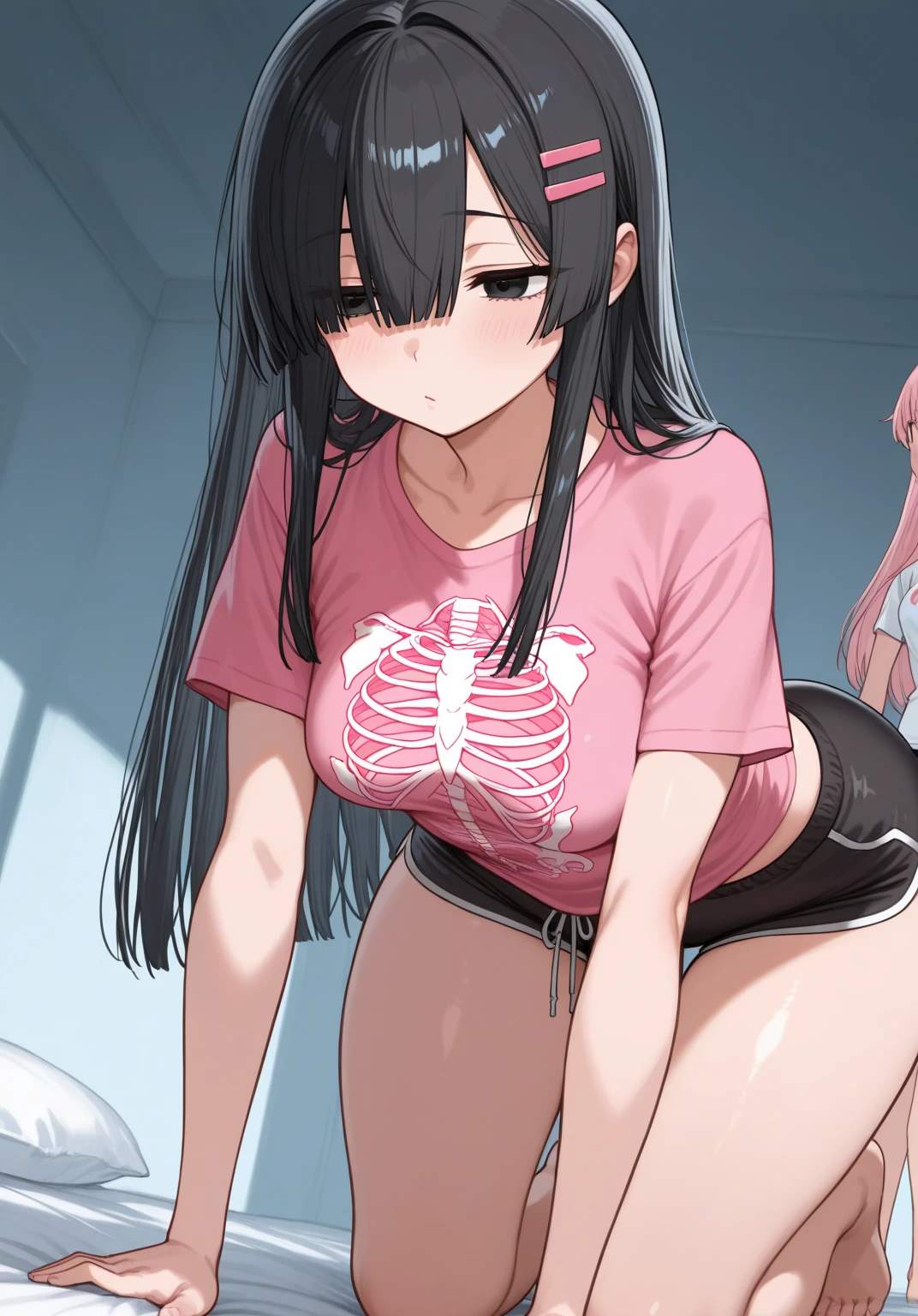 There is a girl sitting on the bed in the room and playing video games,Black Hair,Beautiful long hair, Large-screen TV, Teen Room with books, cyber punk, Young Girl,Inspired by Liam Wong, At night, Dark Room, Lo-fi illustration style, Gamer Room, Watch TV in your room, Cyril rolled around.W Karuta, Teen Room,sex,1boy,Expressionless,creampie,X-ray(ejaculation,penis,)