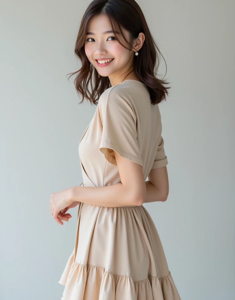 ((Highest quality、8k、masterpiece:1.3))、Realistic, Sharp focus, High resolution, High resolution, Portraiture, alone, Japanese, Middle-aged women, Beautiful woman, 26 years old、Big Breasts、Pink casual dress、Photograph the whole body、Standing on top of a chimney、sunset、Overlooking the city、smile