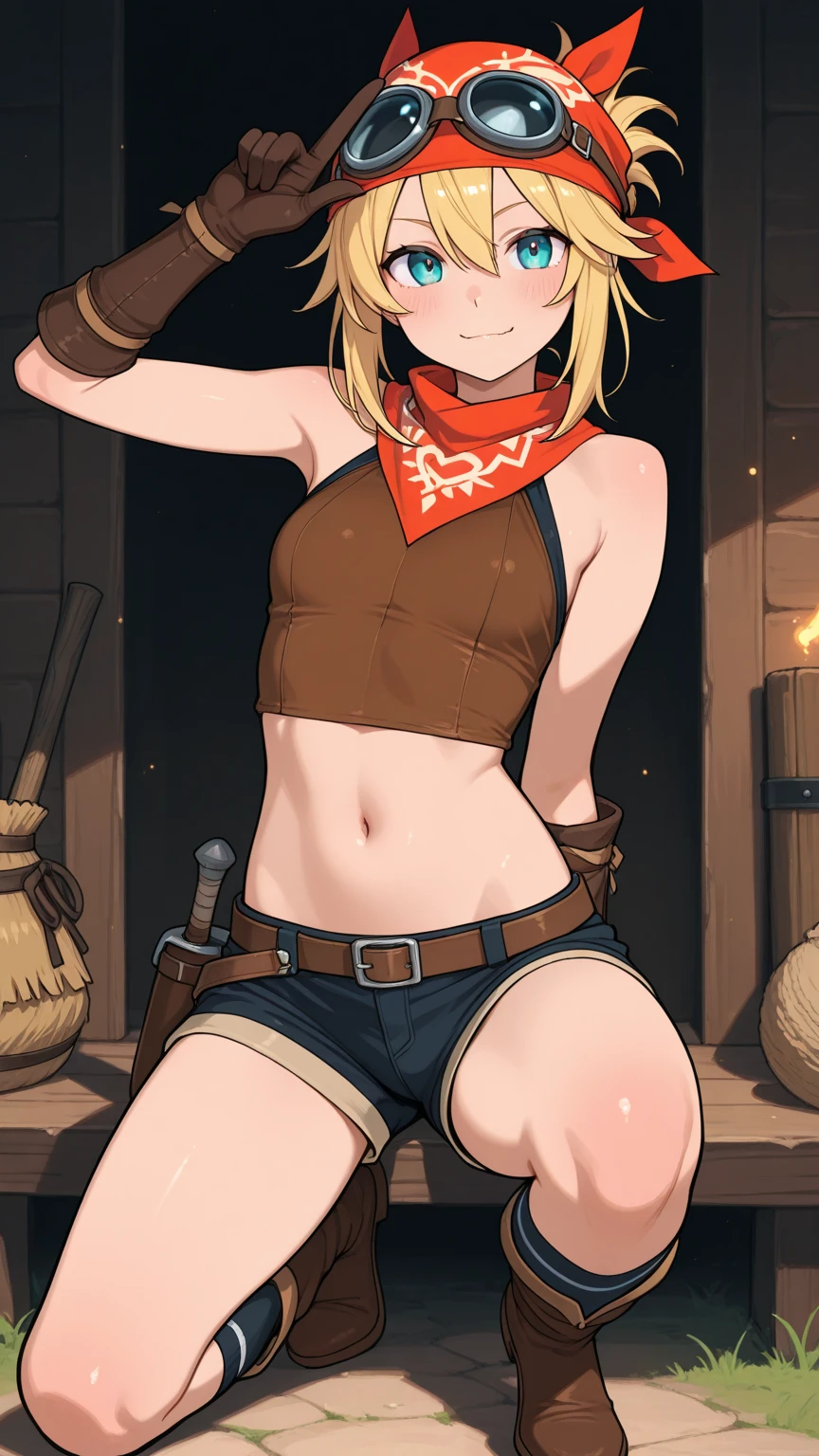 best quality, venusstarrts, <lora:Venusink:0.62>, long blonde hair, blue eyes, dark blue cowboy hat, tied shirt, gloves, ruby choker, thick body, bimbo cowgirl