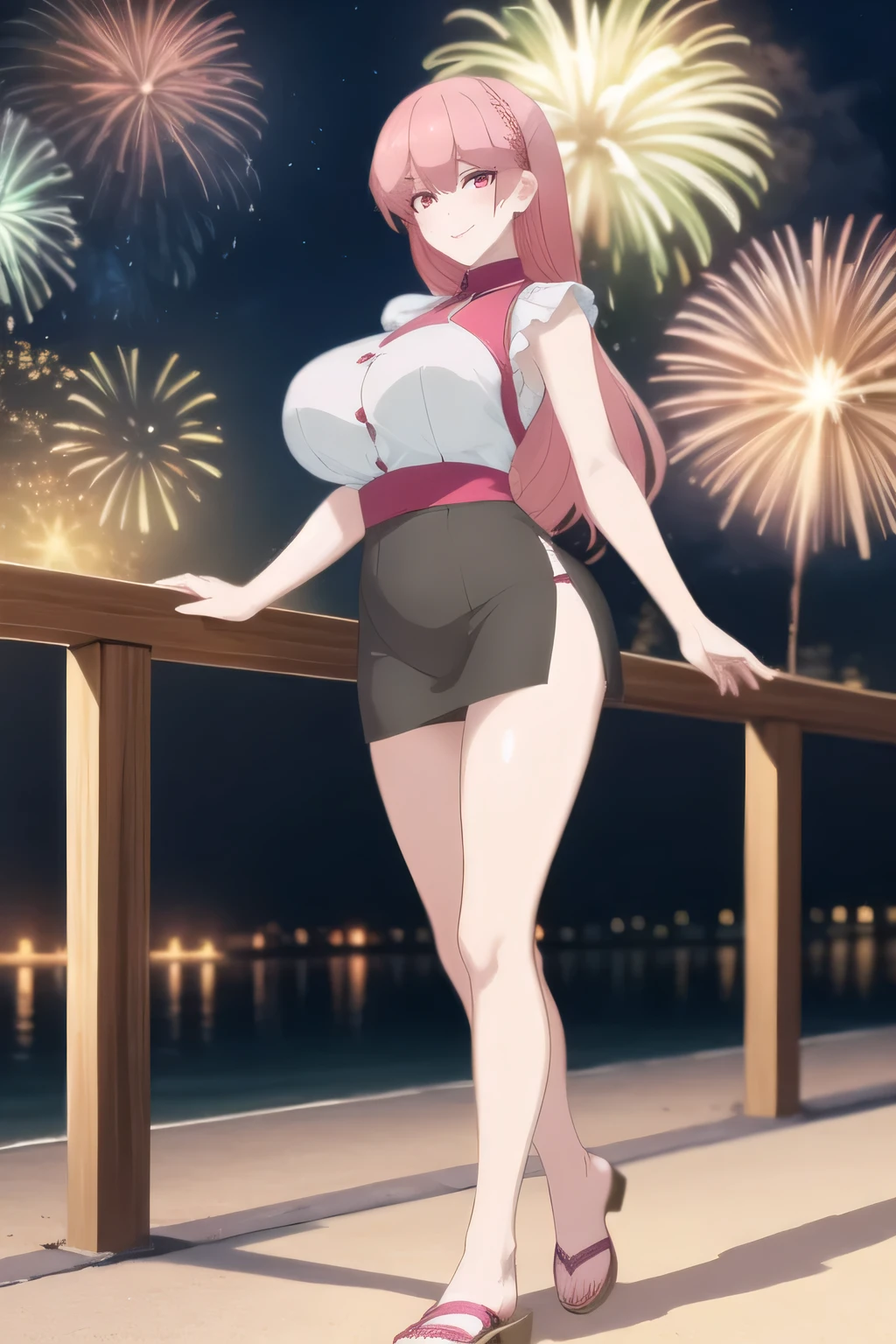 woman with long pink hair,Can you draw a smiling wet woman with high stockings on both legs、Nostrils,Please draw a more delicate expression,,sleeveless blouse,miniskirt,big boobs,big boobsでもウエストが細い,, ,participating in a summer fireworks festival,Outdoors,is by the river,Riverbed on the riverbank,can you draw a woman watching fireworks,sandals,Barefoot,I'm attending a summer festival, grimace,,Cool Night,Smile Yang ,big boobs,An attractive woman in her 20s , , , big breasts, thin waist , , ,Animated CG,,