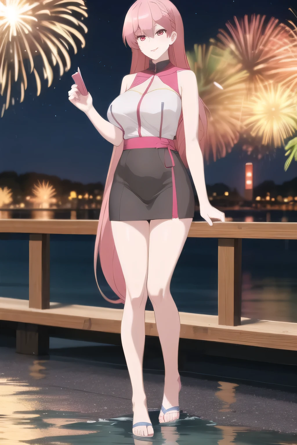 woman with long pink hair,Can you draw a smiling wet woman with high stockings on both legs、Nostrils,Please draw a more delicate expression,,sleeveless blouse,miniskirt,big boobs,big boobsでもウエストが細い,, ,participating in a summer fireworks festival,Outdoors,is by the river,Riverbed on the riverbank,can you draw a woman watching fireworks,sandals,Barefoot,I'm attending a summer festival, grimace,,Cool Night,Smile Yang ,big boobs,An attractive woman in her 20s , , , big breasts, thin waist , , ,Animated CG,,