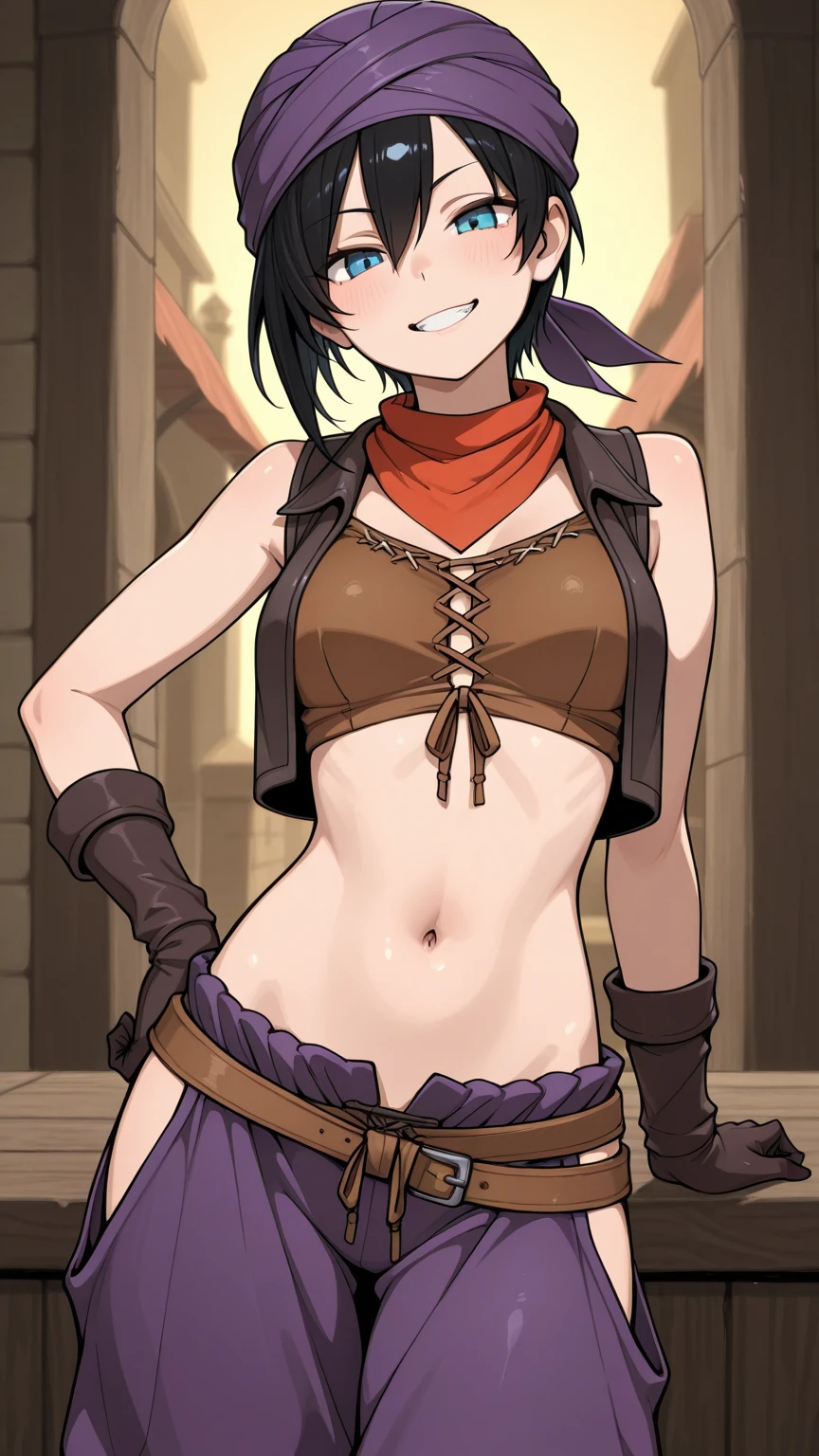 1girl, black hair, messy hair, high ponytail, hair over one eye, violet eyes, (freckles:1.2), (body freckles:1.2), coy smile, cross necklace, medium breasts, sexy hips,
adventurer, rogue, brown leather underbust corset, white shirt, midriff, brown leather shorts, brown thighhigh boots, short sword,  
 <lora:bodypaint:1> bodypaint, see-through,