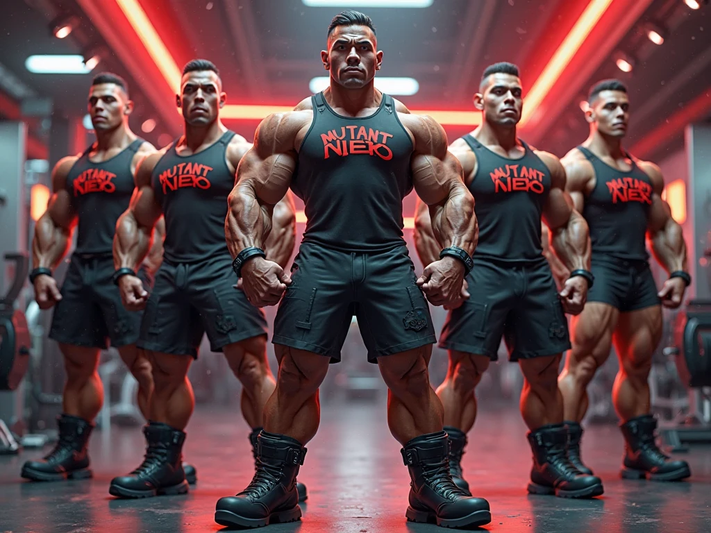 Four super muscular werewolves wearing t-shirts and shorts. Two of them with caps