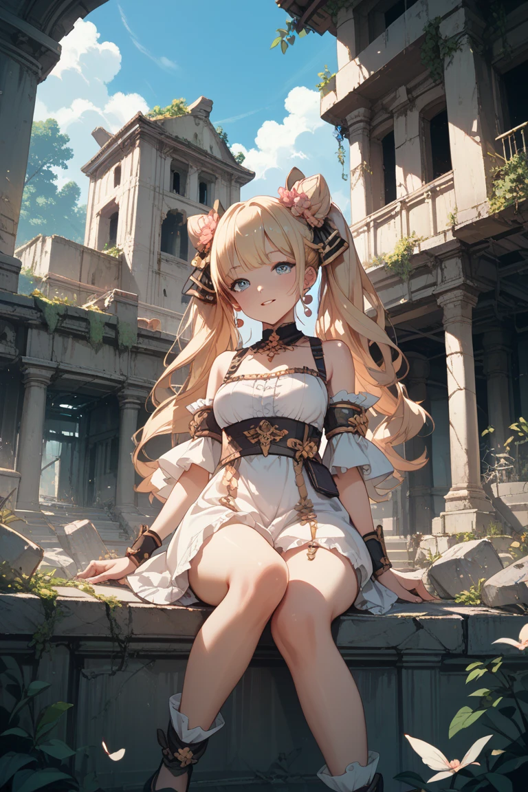 solo, standing skinny girl, long white hair, (white frilled white dress), (very short dress), white frilled tops, sheer dress, bared shoulders, too tight corset, white thighhighs, white thigh strap, BREAK, red eyes, BREAK, golden tiaras, carrying a saber at her waist, BREAK, (show off large perky breasts), cleavage, collarbone, BREAK, skinny long legs, show off thigh gap, hand on hip, BREAK, smile for viewer, (nsfw:0.5), slipping vagina, areolae slip