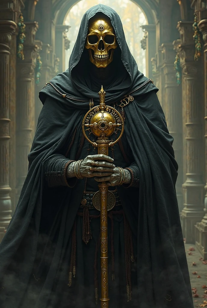 Grim Reaper character with skull face, black hooded robe, liquid gold details all over his face, jade stone inlays on his accessories, gold ingots and coins behind him, scythe in his skeletal hands, hyper-realistic, artistic