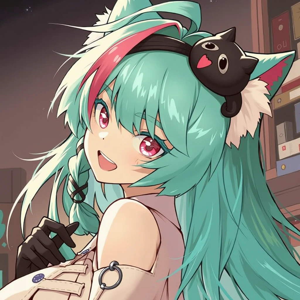 hatsune miku with red hair, psychopath face, blood, cat ears, showing the tongue