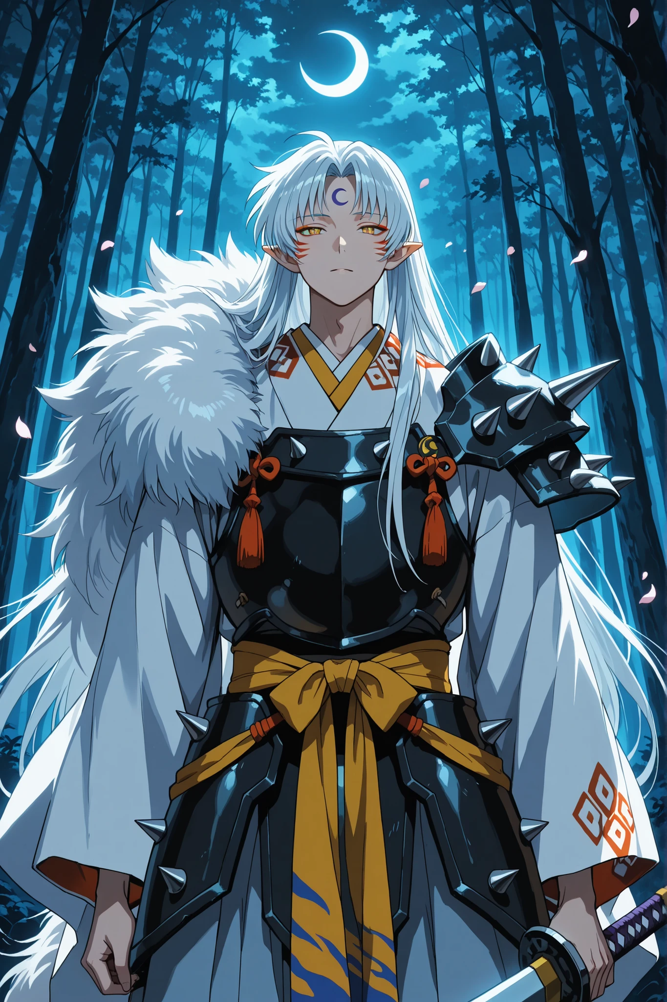 sesshomaru, long hair, yellow eyes, white hair, male focus pointy ears, facial mark, crescent, forehead mark,japanese clothes, armor, fur,, cinematic lighting, ultra detailed, dark , stands in a moonlit forest, shrouded in mist, flowing silver hair, slit eyes, spiked armor shoulder plate, He carries the Tenseiga sword at his waist, His expression is calm, cold and regal,A subtle demonic aura surrounds him, with falling petals and a faint glow from the moonlight. Highly detailed, cinematic lighting, mysterious and noble atmosphere, semi-realistic style