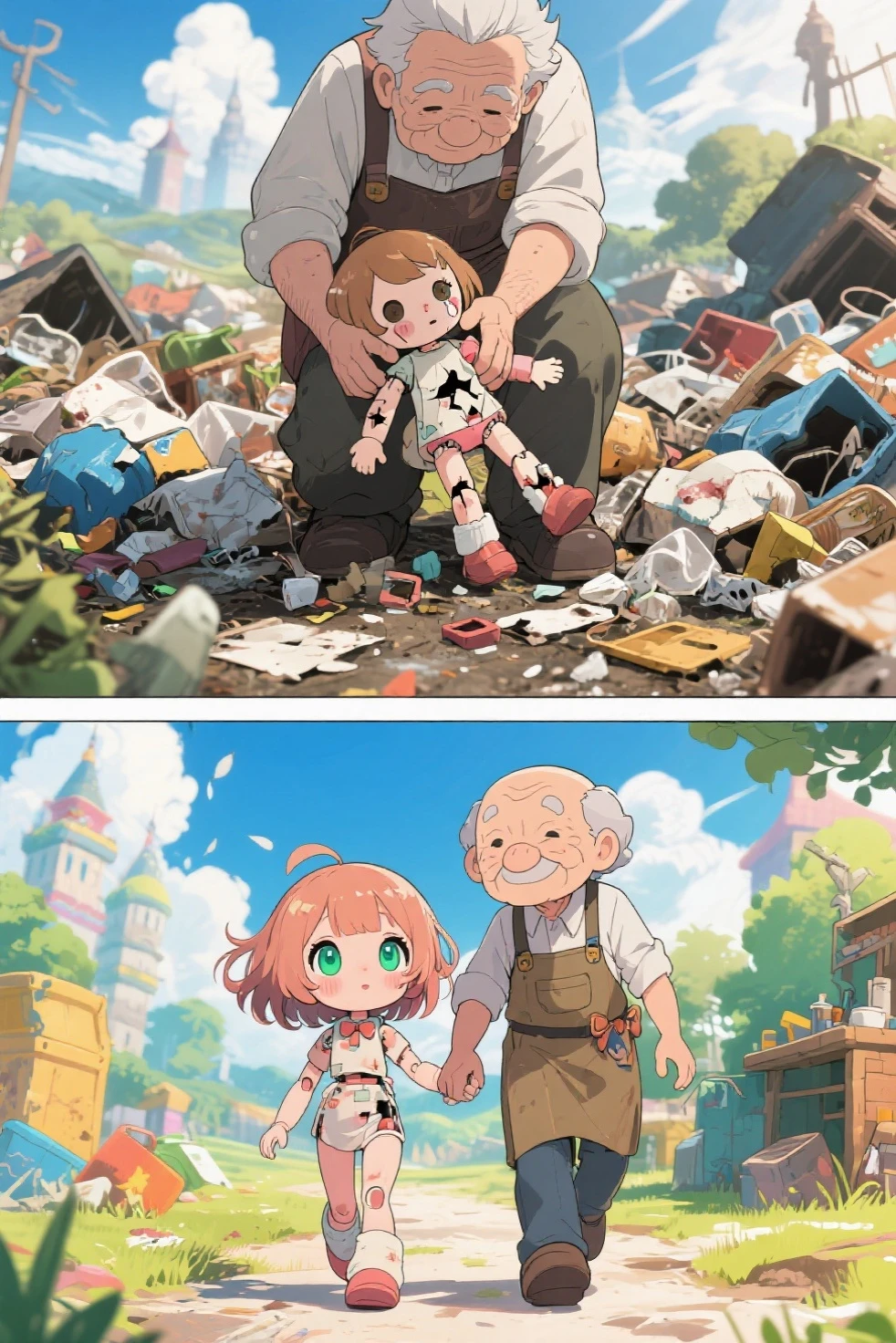 A manga with different content above and below, in a fantasy world: Above: a garbage dump with a discarded doll having a broken face and limbs. An elderly doll repairman is lifting the broken doll with both hands. Below: a completely repaired doll with the same hairstyle and eye color as the one above. The doll is walking with the elderly doll repairman, assisting him, in a bright and poppy anime style.