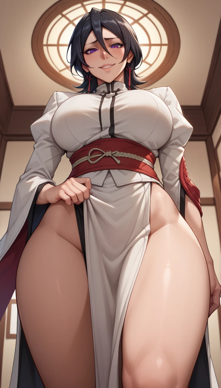 Heat After Sex,masterpiece, best quality, absurdres, perfect anatomy,perfect hands, 1girl, solo, Secelia Dote, blank face,tears, short hair,torn maid clothes, maid headdress, torn clothes,closed mouth,Saliva,disheveled hair, disheveled body ,At the door,standing, spread legs, breasts,Sexy waist teasing, cumdrip from her pussy,torn dress, wicked smile