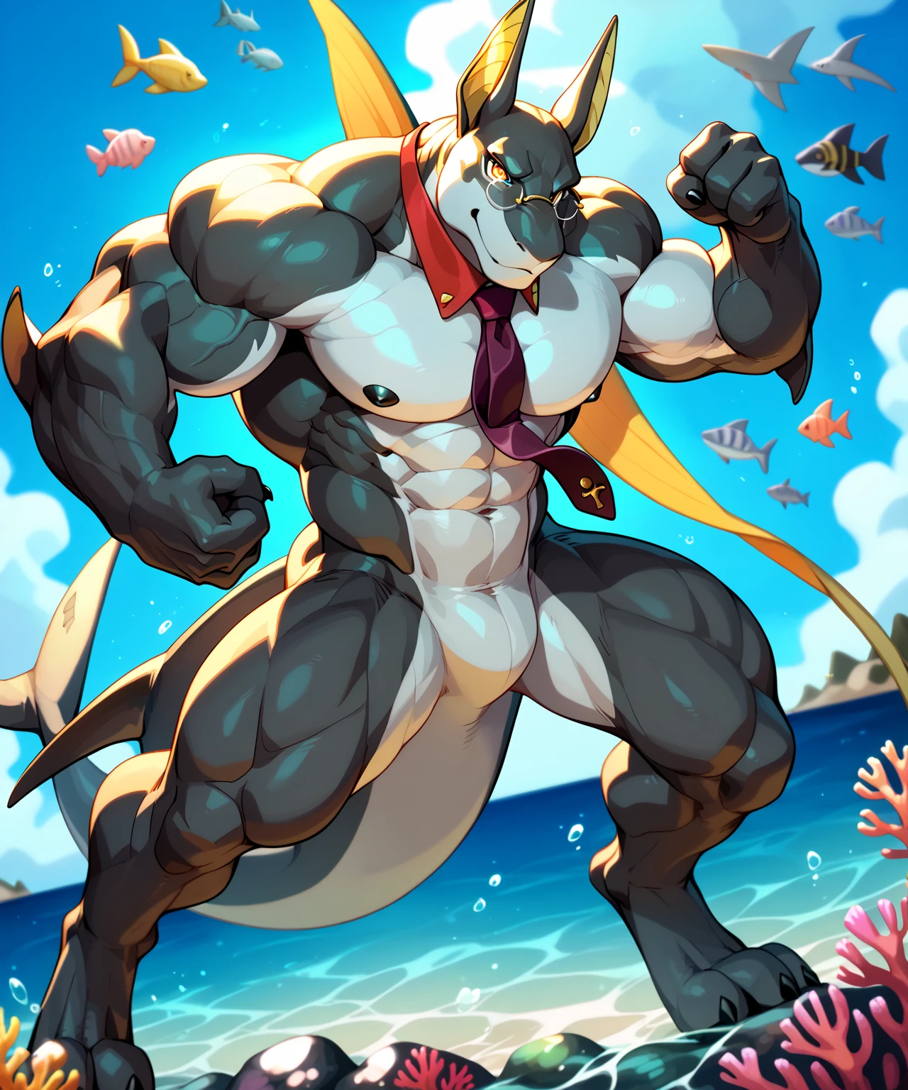 bright red colored bara shark, white countershade, red skin, large plump hairy pecs, strong physique, tribal tattoos, scarlet samurai hair in ponytail, cyan colored eyes, black sclera, very muscular, perfect anatomy, scars on body,nipple piercings, solo, masterpiece beard, strong jaw, thick thighs, giant biceps, muscular, smirking, smug expression, shark tail,                         in beach in water, knee high water, standing in city, wide shot, macro, extremely tall, incredibly huge, insane height, two point perspective, from below view, wearing thong, grin, amazing shading, full body, detailed hands, detailed eyes, detailed face, detailed arms,anthro, muscular, abs, (detailed:1.5), male, detailed background, by meesh, by darkgem,  by sligarthetiger, by zackary911, by nightterror, spreading legs, detailed musculature