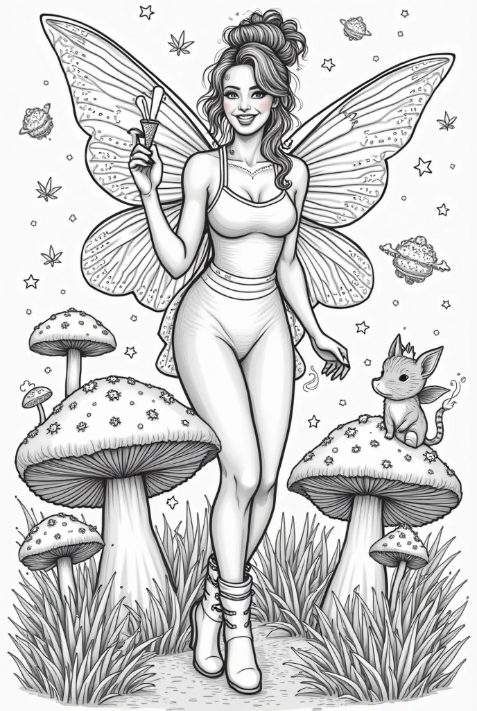 A printable black and white adult coloring page featuring a sexy fairy, clean line art