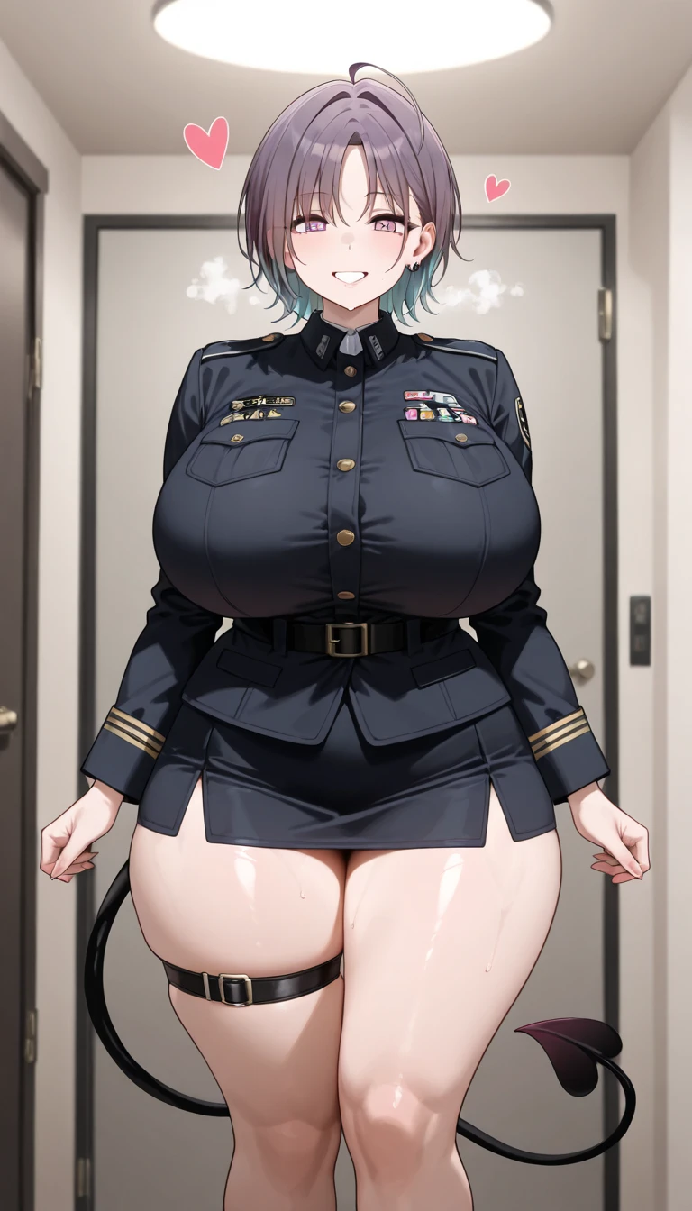 (perfect body),highest quality,(8K portrait),(anime screen cap)、((police woman))、blush,Sweat,((big breasts)) ,((swollen nipples))、(black hair),((bob cut))、yellow eyes,(thick thighs),((navy blue leotard))、police hat、adult women、((laughter))、one eye closed、navy blue jacket、training room