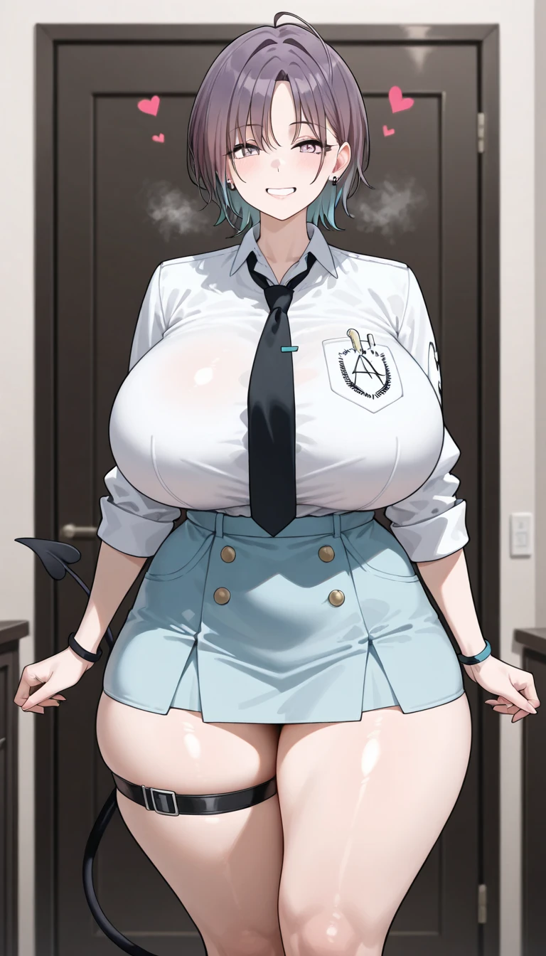 1girl,(solo),gigantic breasts, wide hips, thick thigs,dynamic pose, school uniform, black skirt, white shirt, red necktie, thighhighs, black choker, smile, :d, white hair, purple eyes, cat ears, short hair, extremely detailed eyes, (huge breasts:1.2) <lora:Chomikuplus-Style-v1.1-000150:1>