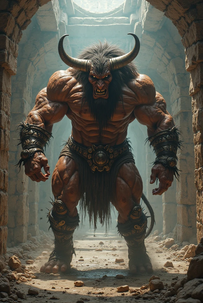 A muscular man with the head of a raging bull
